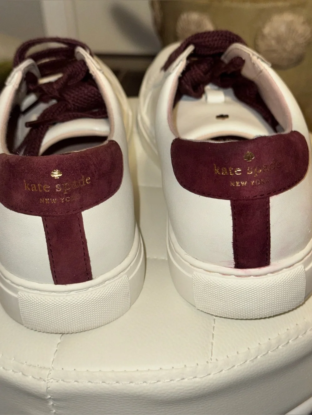Kate Spade New York Fez White Leather Ace Suede Sneakers Burgundy Accent Sz 10B